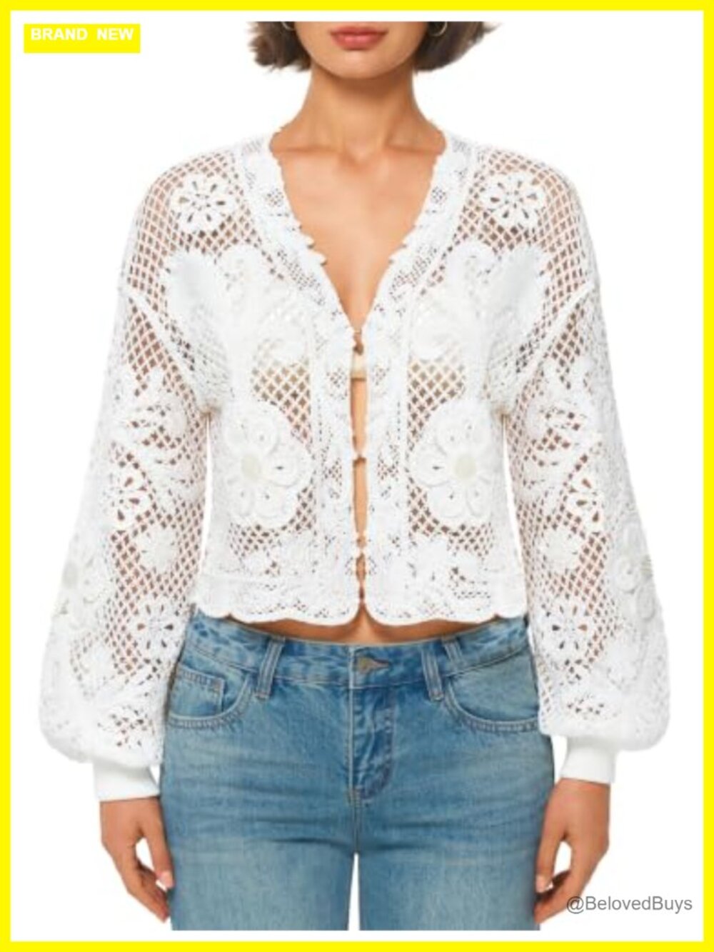 Crochet Cardigan Button Up Lantern Sleeve Cotton Sweater